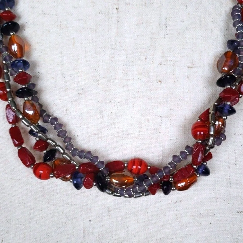 Multi‎ Strand Beaded Statement Necklace Red Amber Navy Boho Layered Jewelry